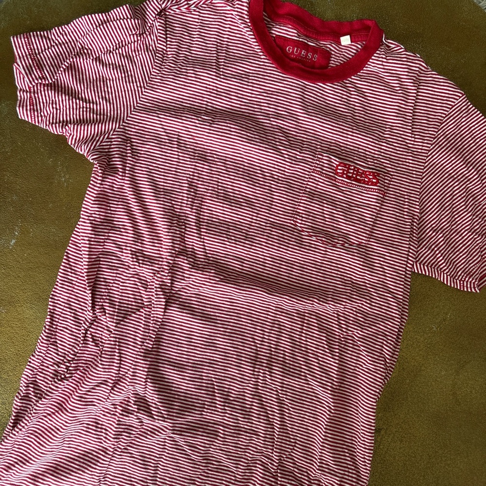 Guess Red and White Striped Tee with Logo Pocket